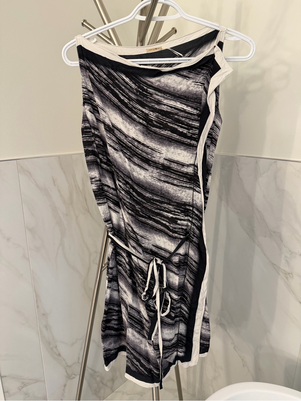 Max Studio Black & White Marble-Print Midi Dress with Tie Waist